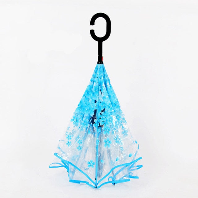 Guarda-chuva reverso transparente PANXD Dupla camada de flores de cerejeira Guarda-chuva invertido para chuva Mulheres C-Hook Guarda-sol dobrável à prova de vento