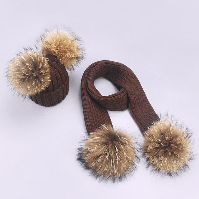 Women and Girl Pompon Hats and Scarves Sets Knitted Nature Fur Thick Beanies Scarf
