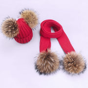 Women and Girl Pompon Hats and Scarves Sets Knitted Nature Fur Thick Beanies Scarf
