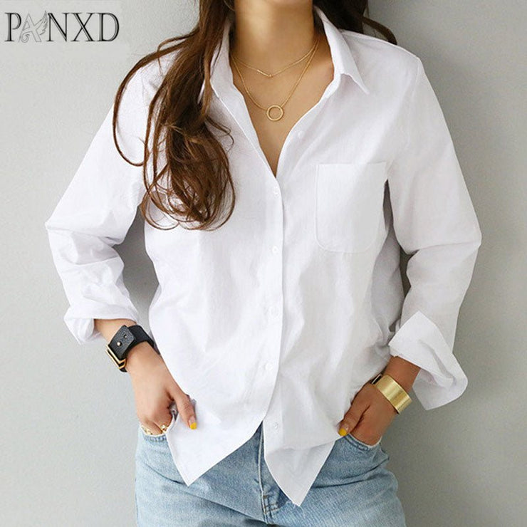 Casual White Turn-down Collar OL Style Women Loose Blouses Long Sleeve